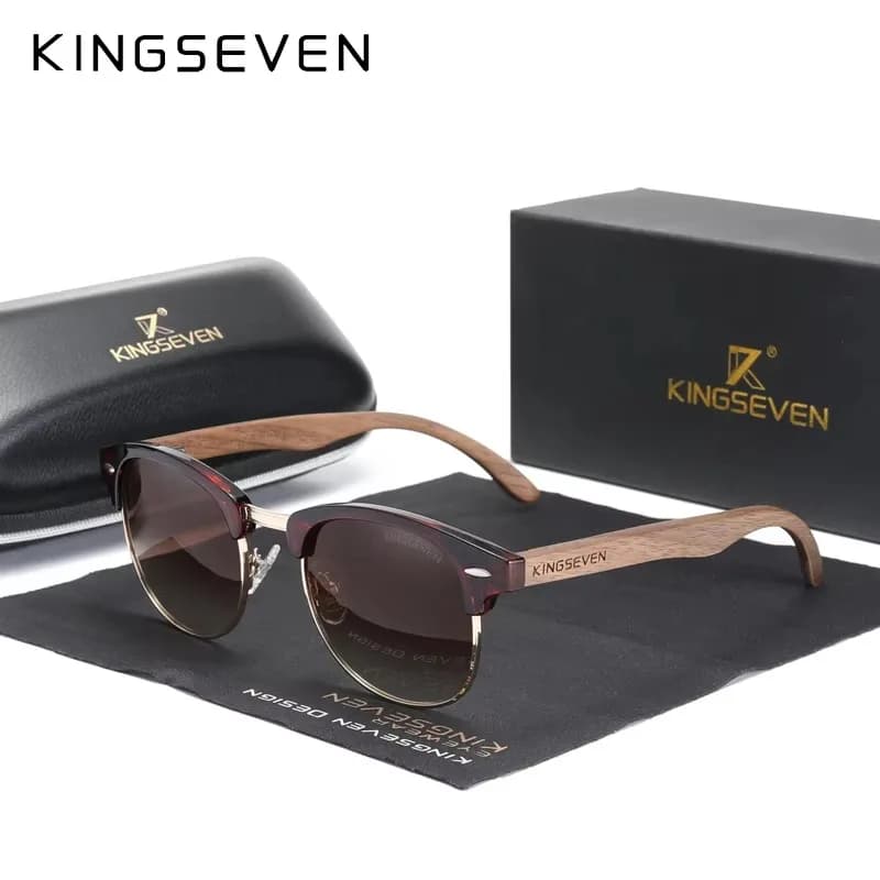 Lunettes de soleil KINGSEVEN polarisées - Monture noyer vintage UV400 pour homme et femme