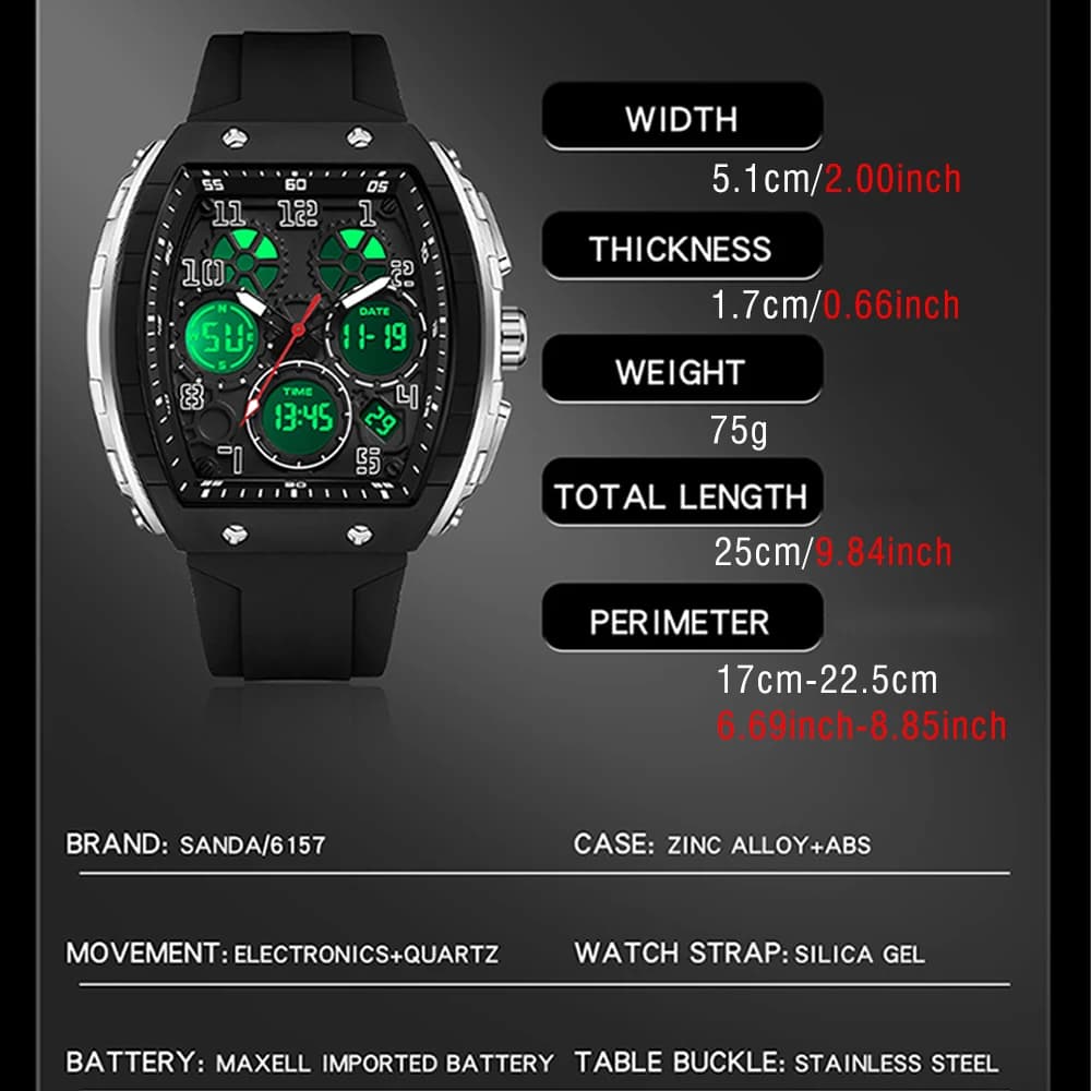 Montre digitale militaire étanche homme - Chronomètre sport LED pêche multifonction silicone