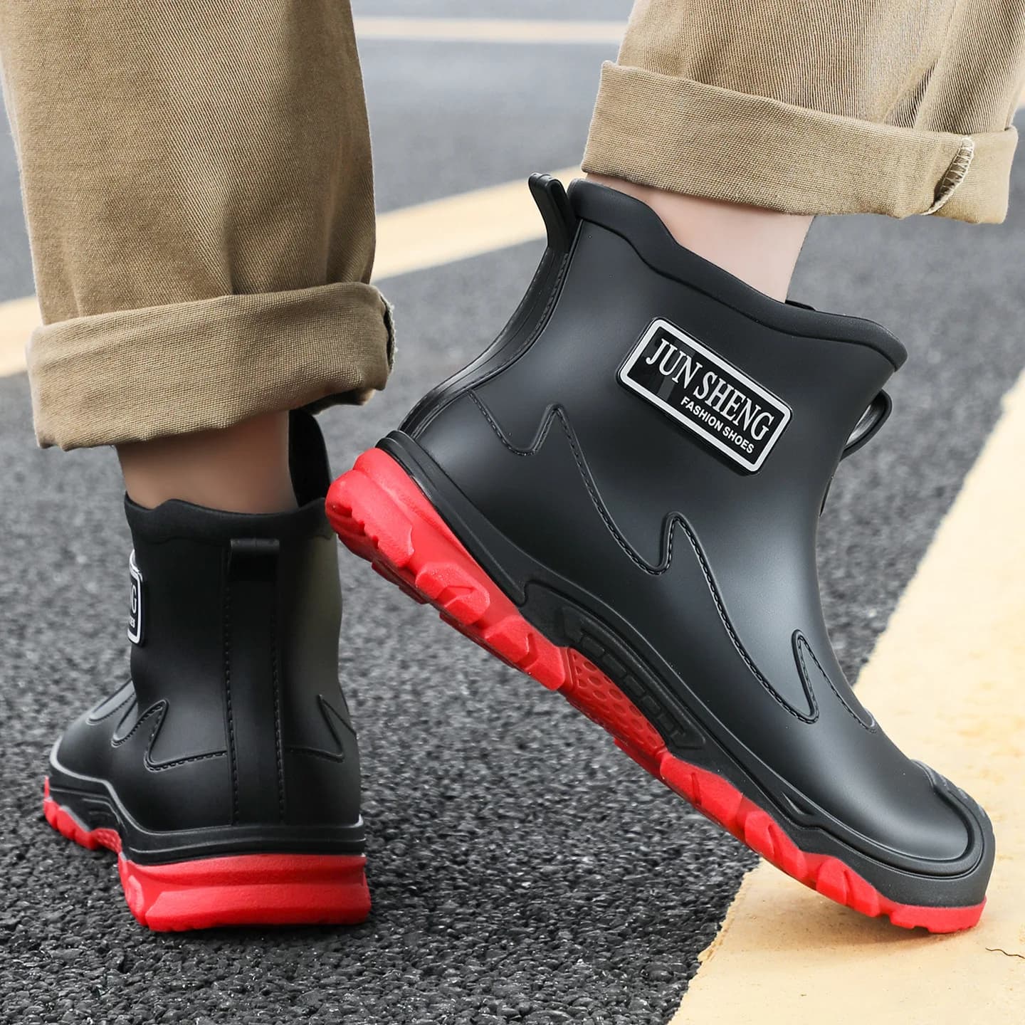 Bottes de pluie courtes homme noir et rouge imperméables antidérapantes pour pêche et activités extérieures