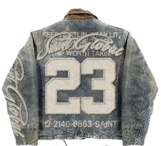 Veste denim oversized streetwear Y2K patch broderie graphique bleue unisexe hip hop casual