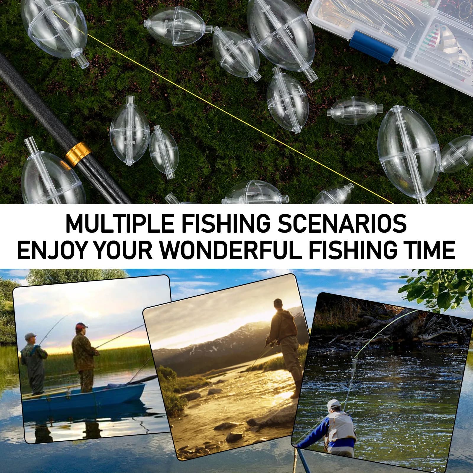 10 flotteurs de pêche transparents PVC avec indicateur de touche, bulles d'eau pour surface et coulissants
