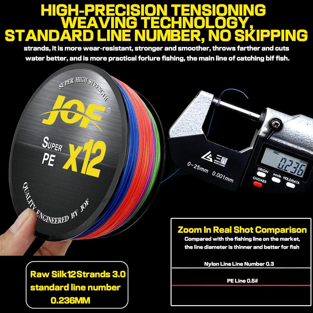 Ligne de pêche JOF X12 Super Résistante 12 brins Multifilament PE, 25LB à 92LB pour 100M 300M 500M