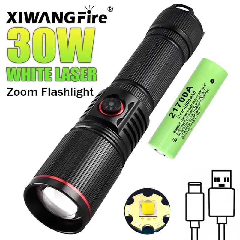 Lampe torche LED laser blanche 30W zoom rechargeable USB éclairage extérieur camping pêche