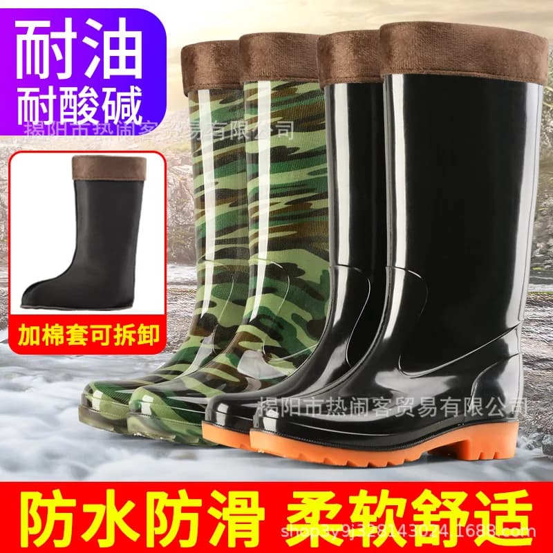 Bottes hiver homme haut tube coton chaudes imperméables caoutchouc anti-dérapage pêche bout rond