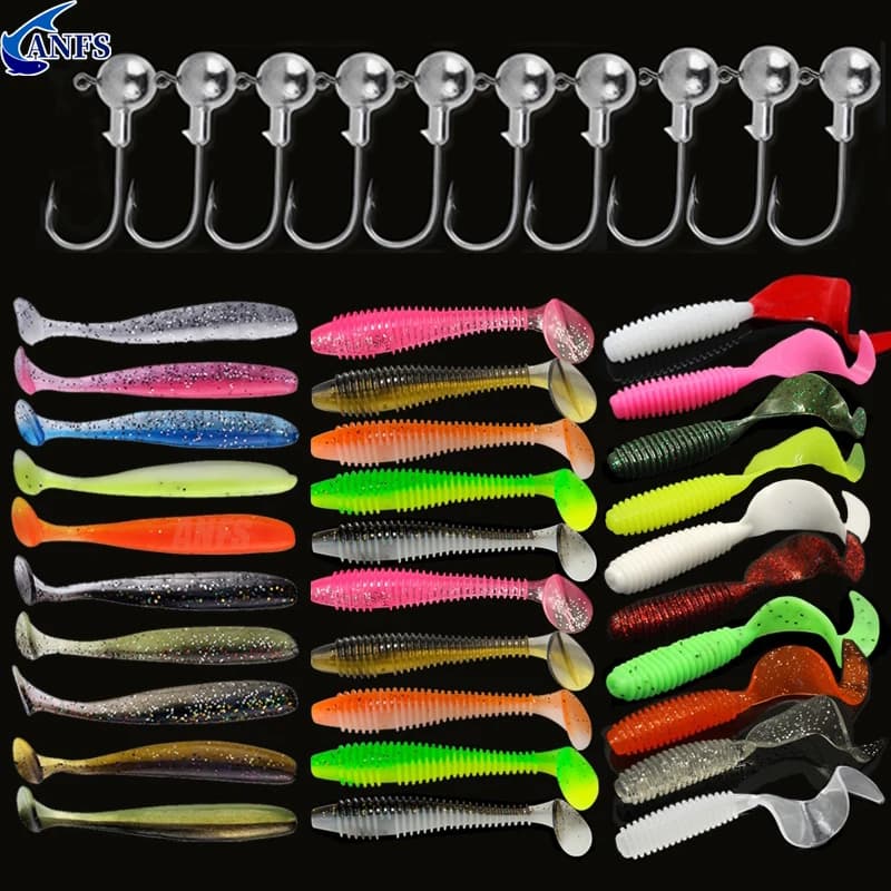 Kit de leurres souples pêche avec leurres silicone et hameçons, appâts artificiels vers et jig tête