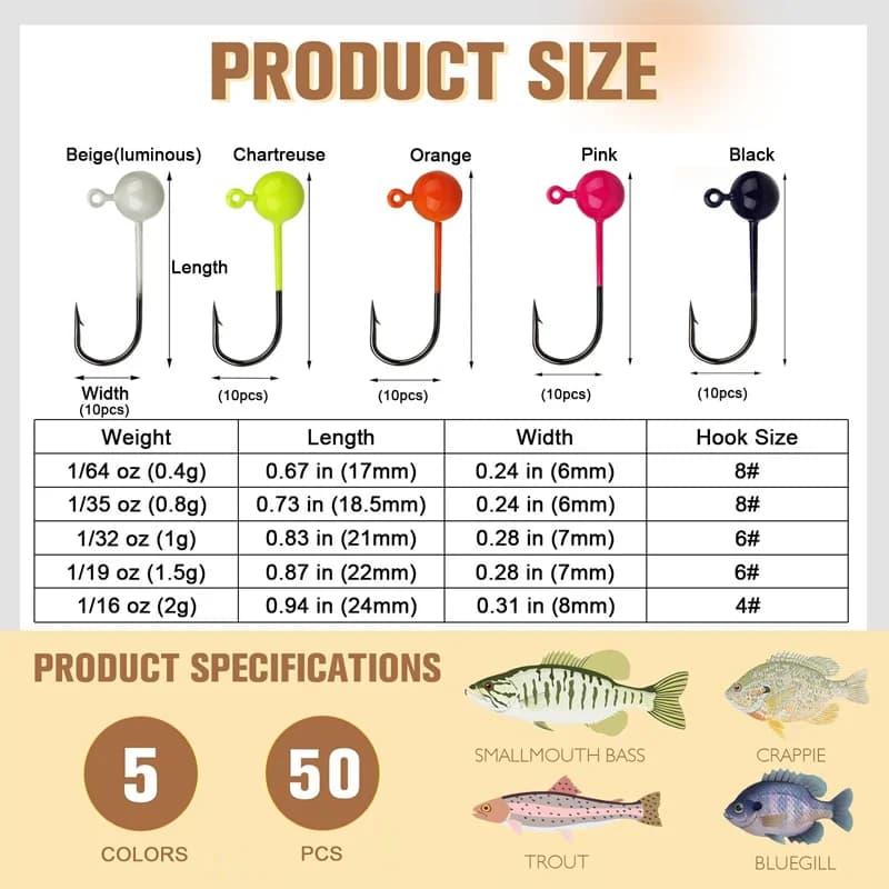 Lot 50 pièces têtes plombées rondes pour pêche au ver souple sans accrocs 0.45g à 2g