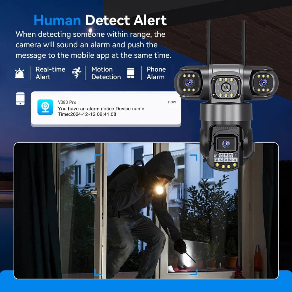 Caméra IP WiFi extérieure V380 Pro 12MP 6K triple objectif - Vision nocturne étanche surveillance complète