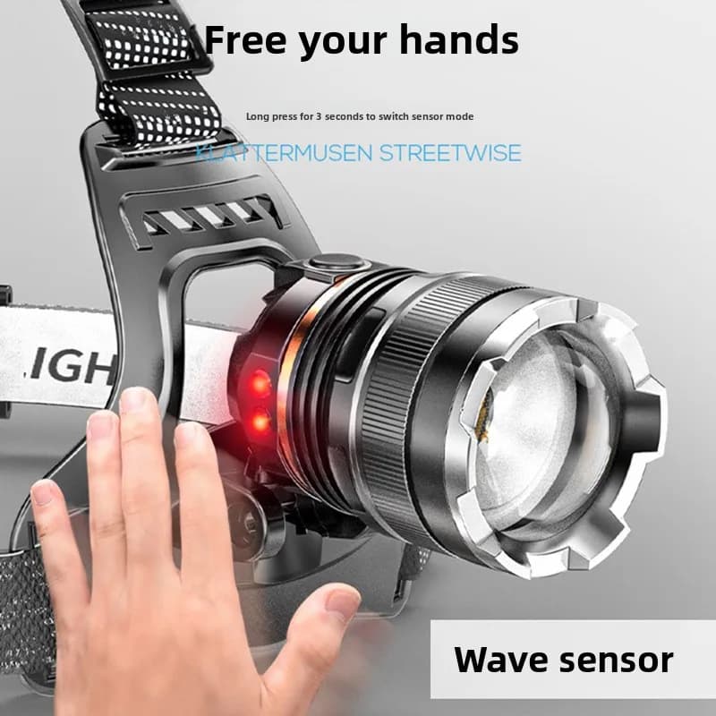 Lampe frontale LED ultra-puissante zoom rechargeable 1000m pêche 2x18650 détection haute performance