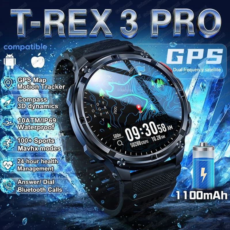 Montre outdoor T-Rex3 Pro GPS tracker 120 jours autonomie 1100mAh étanche 10ATM homme sport