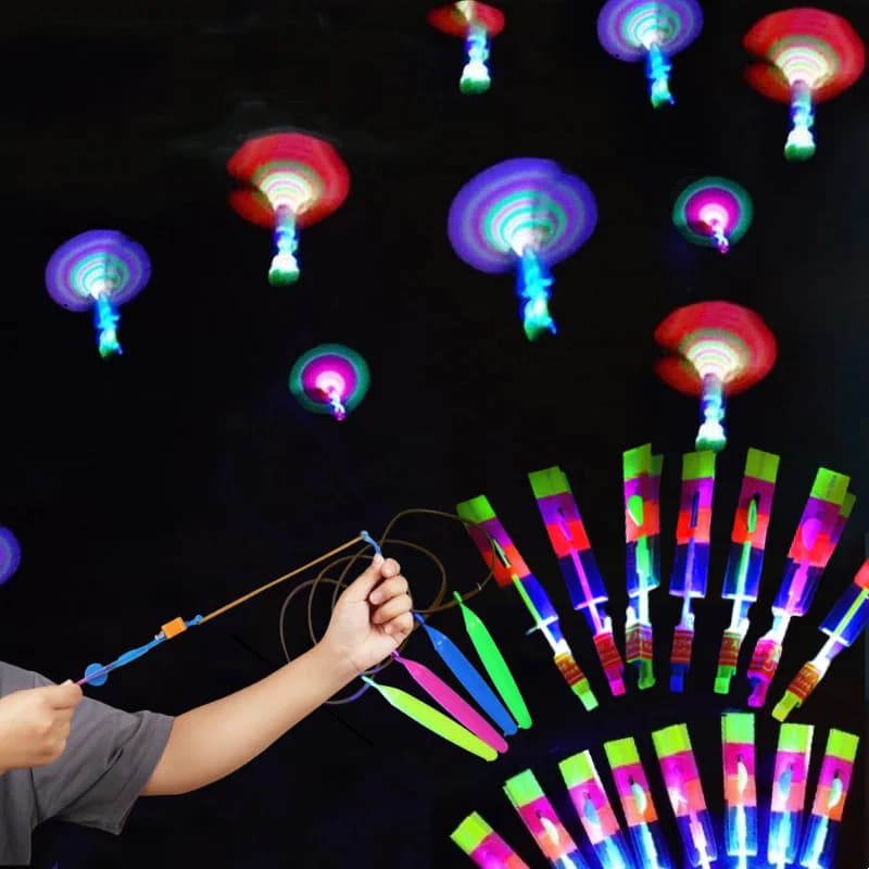 Fusée lumineuse LED jouet extérieur élastique hélicoptère volant cadeau fête enfants projectile slingshot
