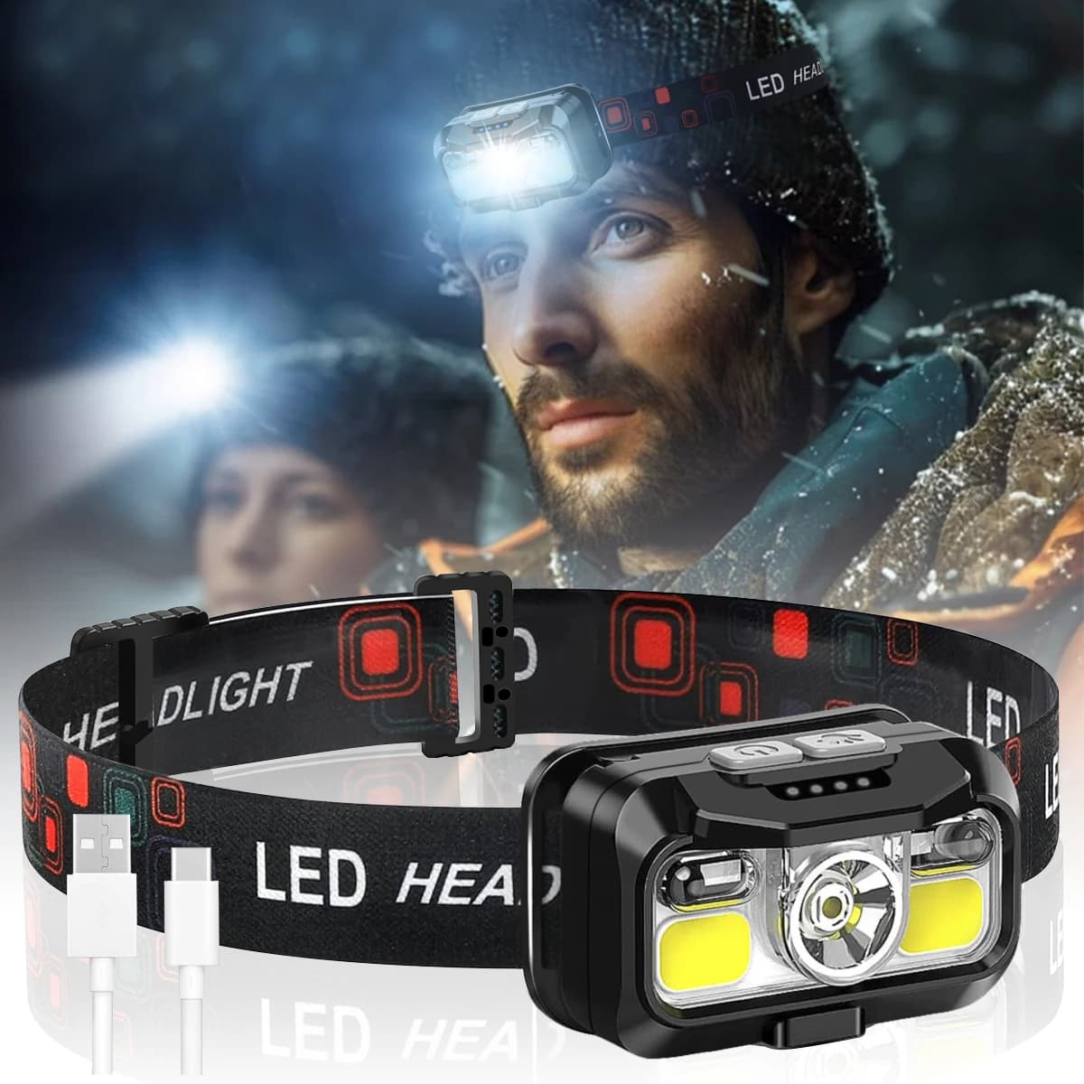 Lampe frontale rechargeable 1200 lumens détecteur de mouvement étanche LED lumière blanche et rouge pêche
