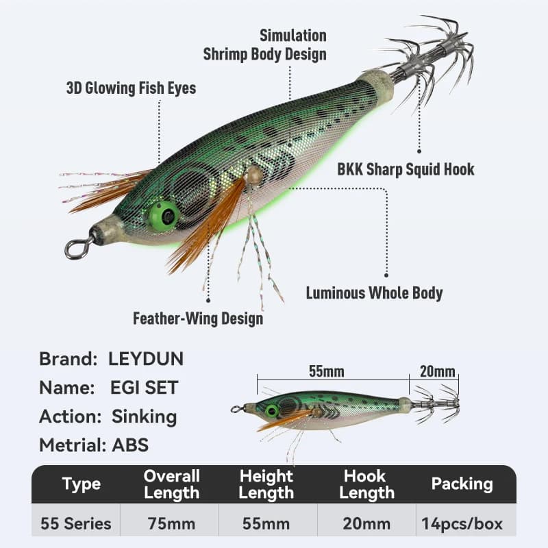 Kit 14 leurres lumineux horizontal squid jig bois crevette avec hameçons BKK pour pêche au calmar