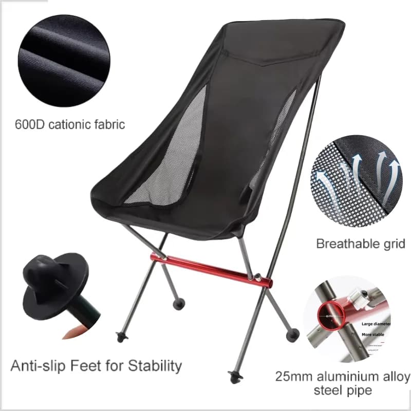 Chaise pliante camping pêche à dossier haut - Siège lune pliable pour détente en plein air