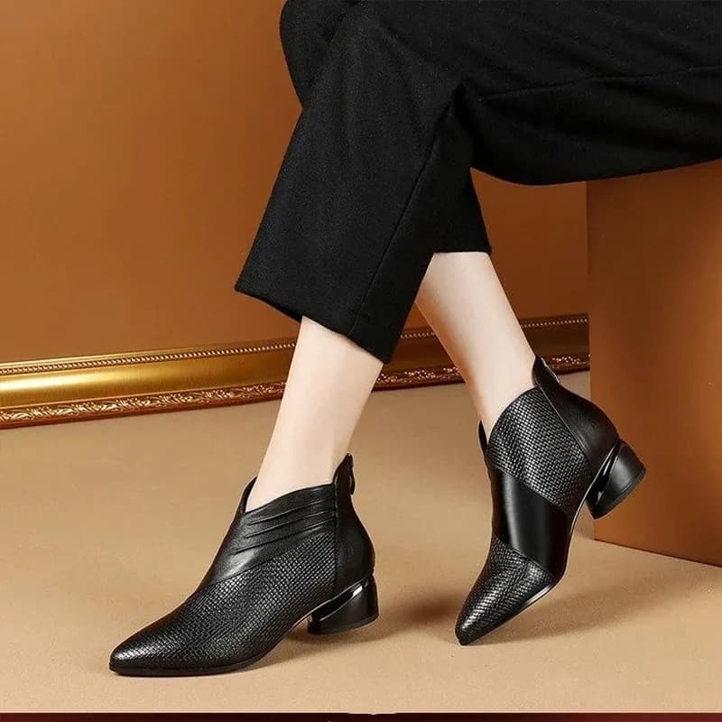 Bottes cheville cuir luxe femmes bout pointu 2024 talon bas bureau automne chaussures pêche