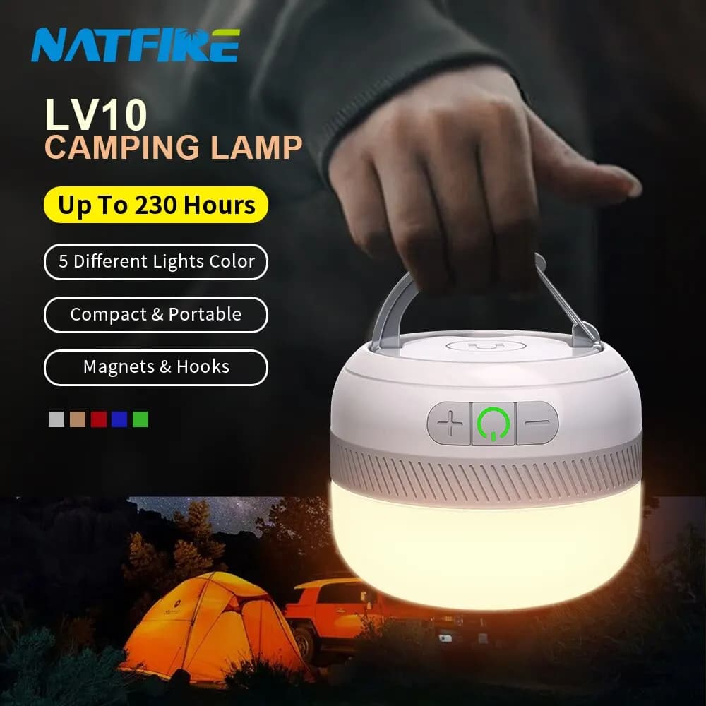 Lampe de camping NATFIRE LV10 rechargeable USB-C 230h, 5 couleurs pour tente, pêche de nuit et urgence en plein air