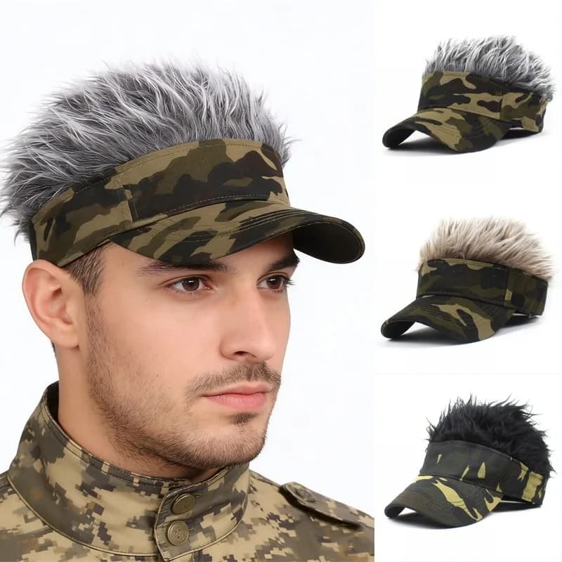 Casquette camouflage armée verte jungle visière perruque cheveux courts synthétiques baseball pêche