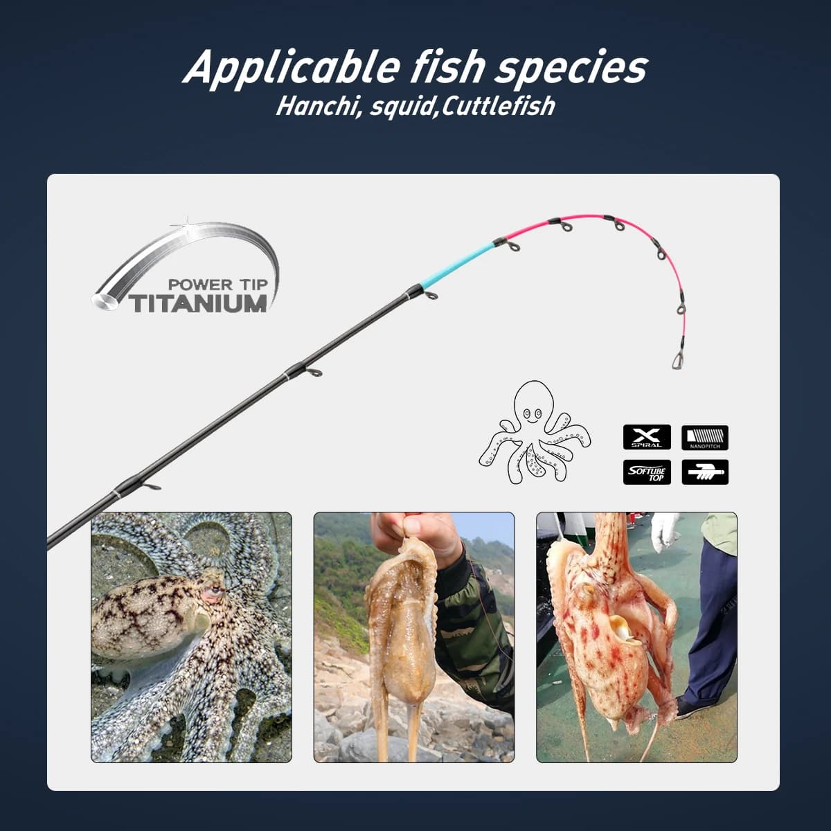 Canne à pêche seiche 175cm métal top avec anneaux Fuji légère pour pêche côtière