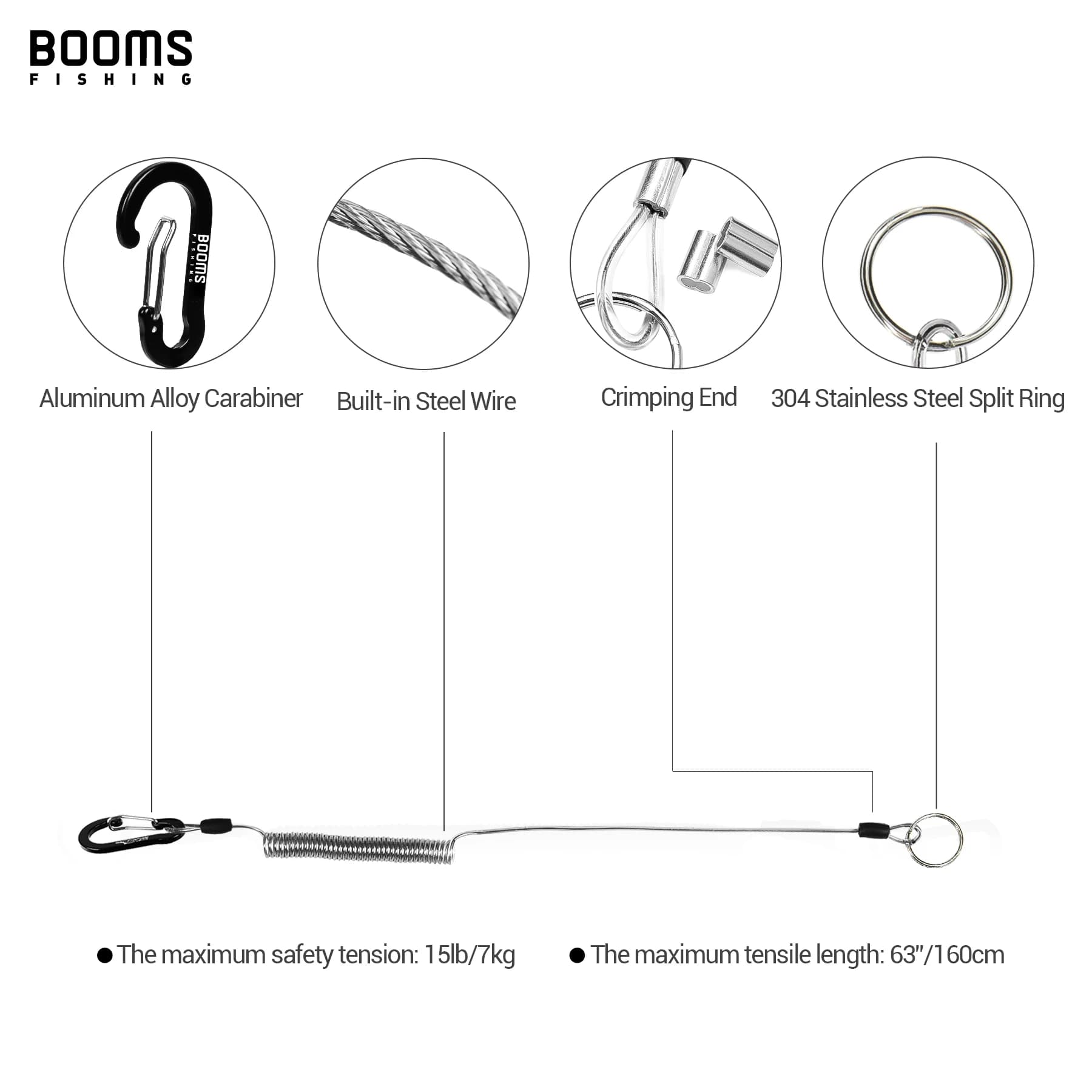 Lanières télescopiques Booms Fishing T01 2M avec mousquetons - Attaches pour canne et épuisette de pêche