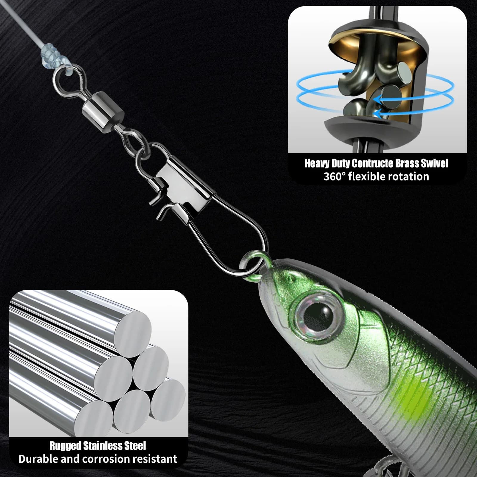 50-100 snaps interlock à émerillon roulant FishTrip - Acier inox pour pêche en mer