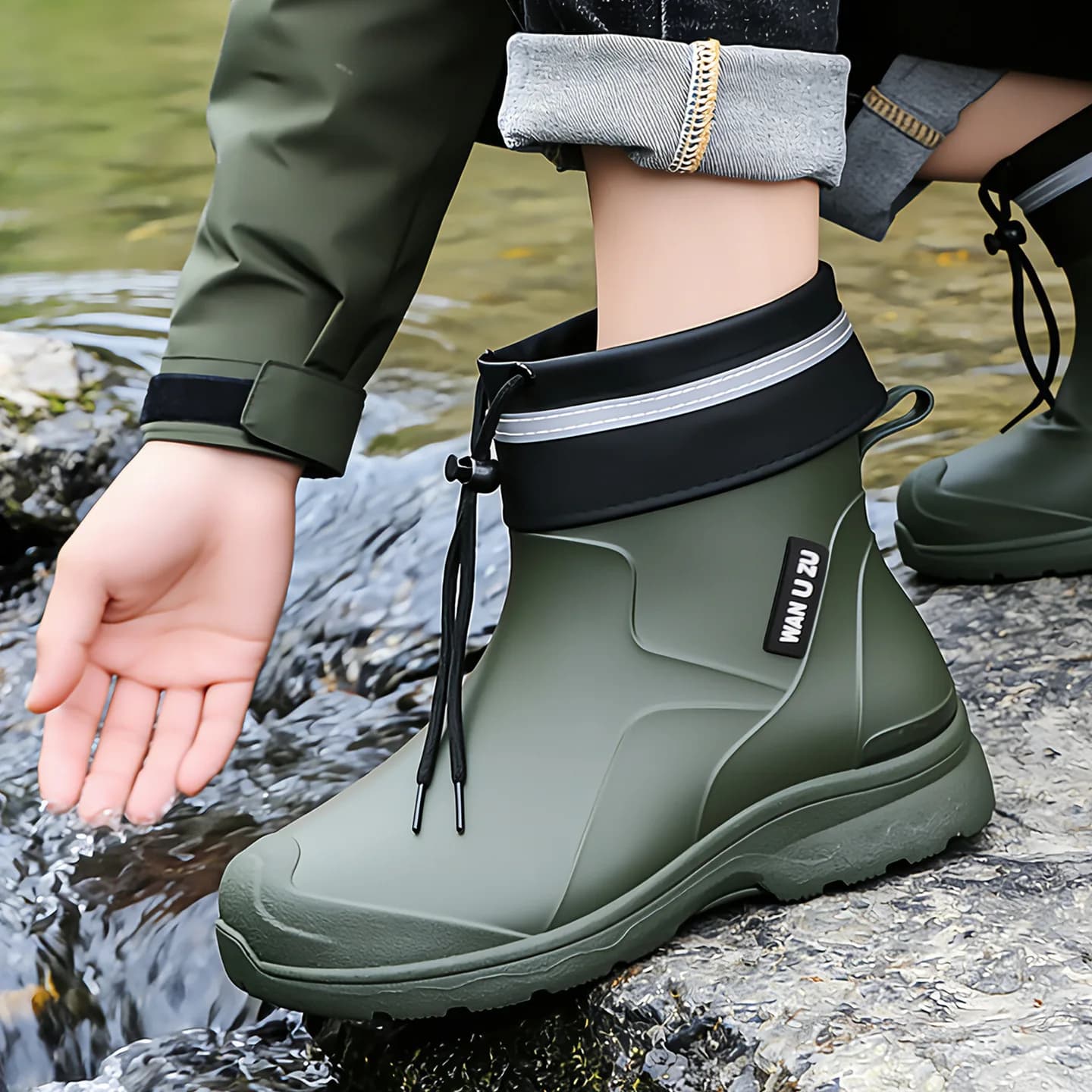 Bottes de pluie courtes homme doublées polaire imperméables antidérapantes pour pêche hivernale et vadrouille