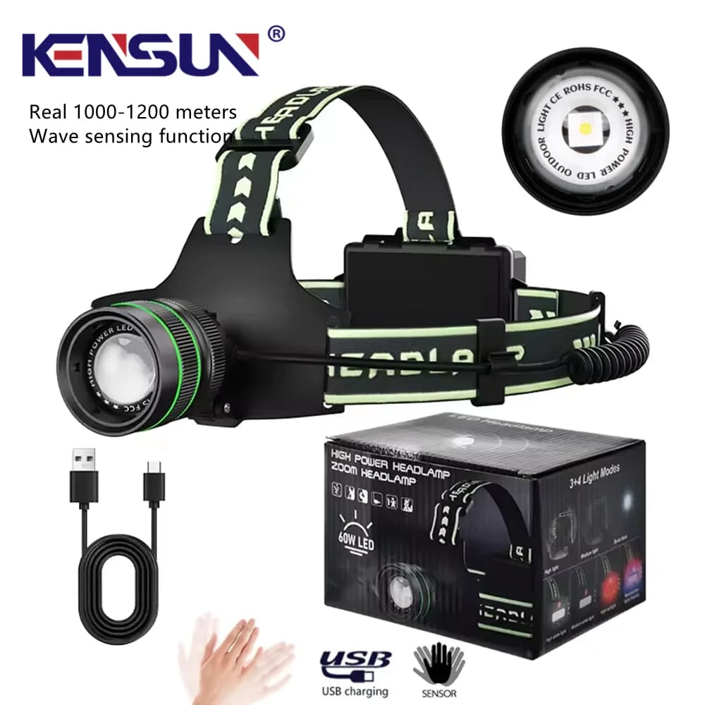 Projecteur frontal longue portée pêche - Recharge Type-C 5 modes détection gestuelle pour pêche en mer