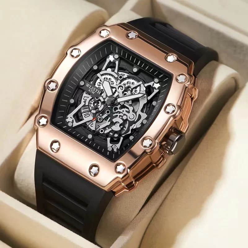 Montre Homme Automatique Étanche avec Mouvement à Barillet et Bracelet Silicone Sportif - Nouvelle Marque