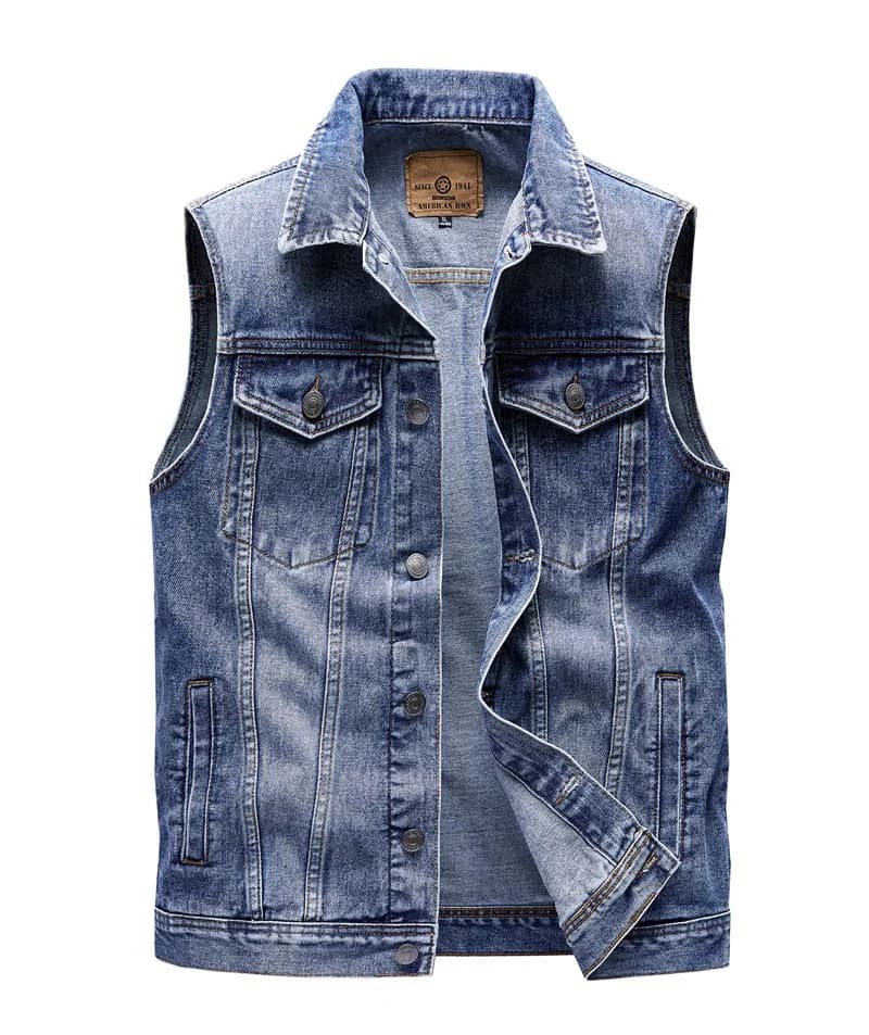 Veste sans manches cargo denim homme à multiples poches, délavée, pour la pêche et loisirs