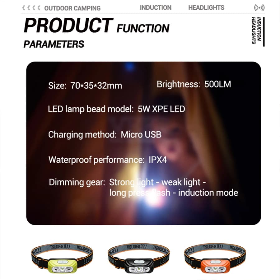 Mini lampe frontale rechargeable avec détecteur de mouvement pour pêche et camping
