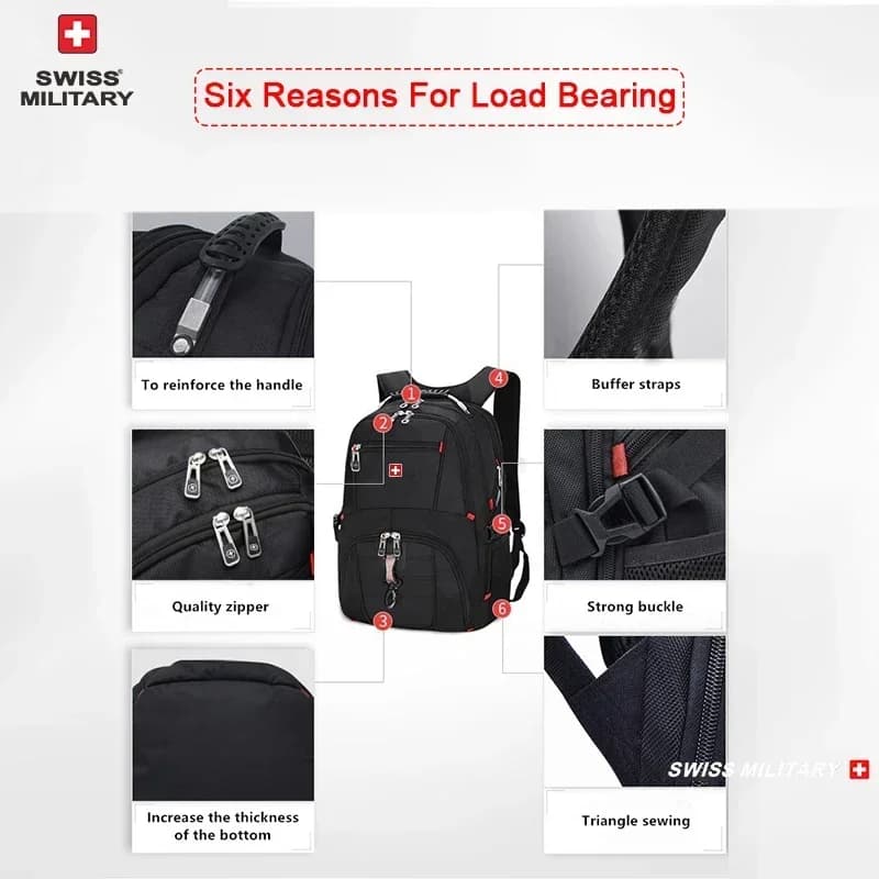 Sac à dos SWISS 17 pouces étanche avec port USB - Style suisse multifonction pour randonnée et pêche