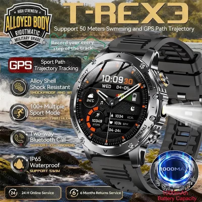 Montre militaire T-Rex 3 Ultra étanche IP68 avec lampe torche et suivi sportif pour hommes