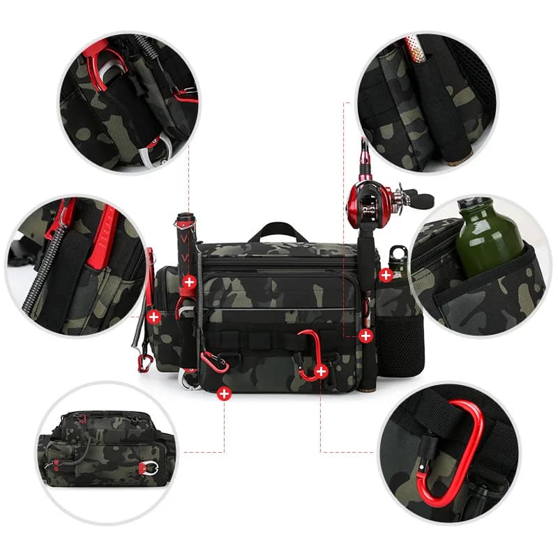 Sac pêche épaule multi-poches renforcé porte-canne rangement appâts matériel pêcheur