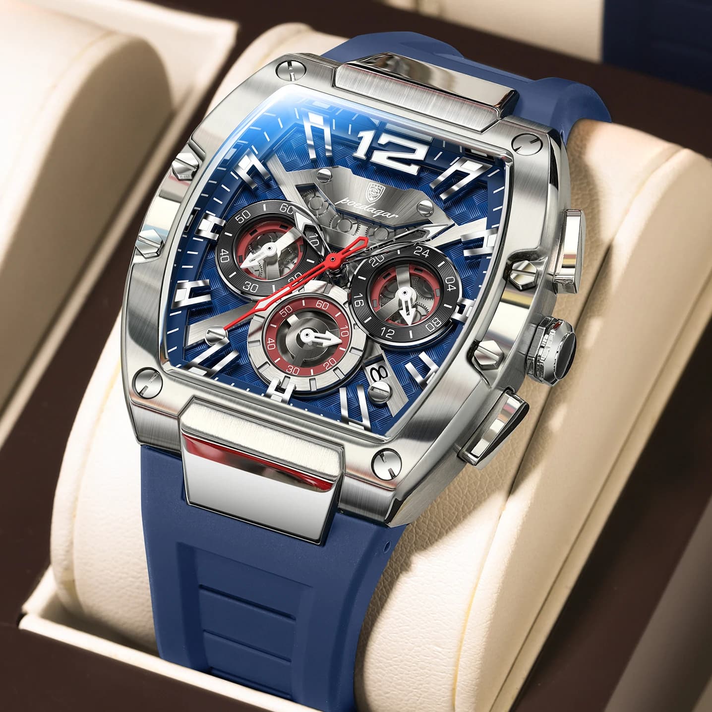 Montre homme militaire étanche POEDAGAR - Chronographe sport pêche avec bracelet silicone et affichage lumineux