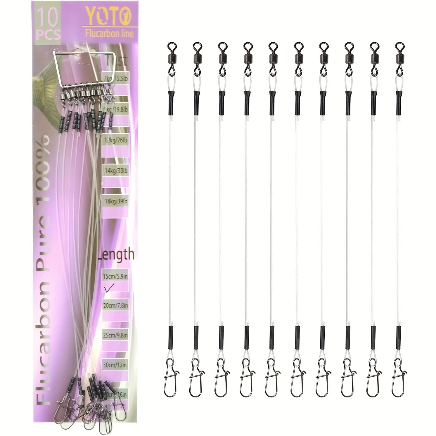 Ligne de pêche fluorocarbone YOTO 100% invisible, bas de ligne avec émerillon rapide 7-18kg