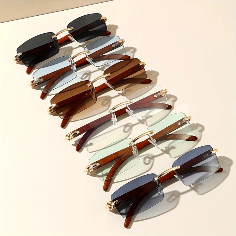 Lunettes de soleil sans monture pêche unisex 6 pièces grain bois rectangle protection UV randonnée