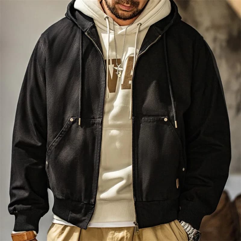 Veste vintage Maden J130 en toile lourde avec capuche - Veste courte pour pêche et streetwear automnal