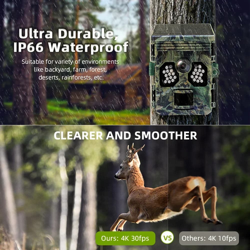 Caméra chasse numérique solaire 4K étanche IP66 - Phototrappage moderne avec détection mouvement intelligente