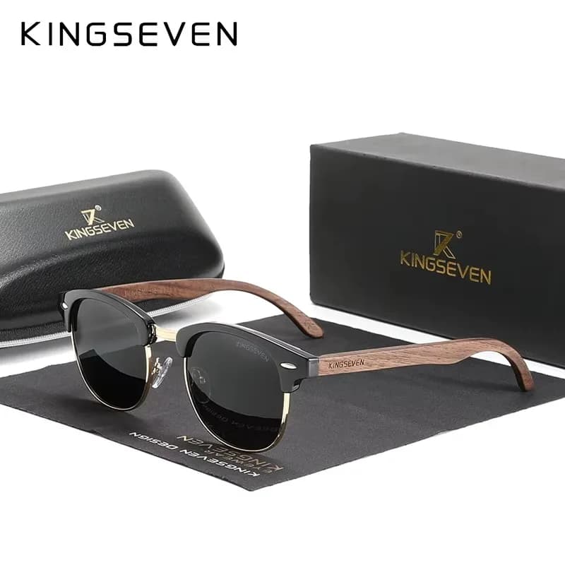 Lunettes de soleil KINGSEVEN polarisées - Monture noyer vintage UV400 pour homme et femme