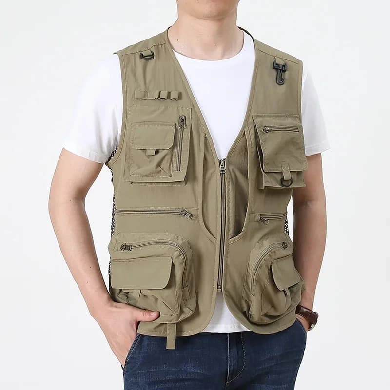 Veste de pêche cargo rouge personnalisable 2025 - Yelek multi-poches nylon pour journaliste photo camping