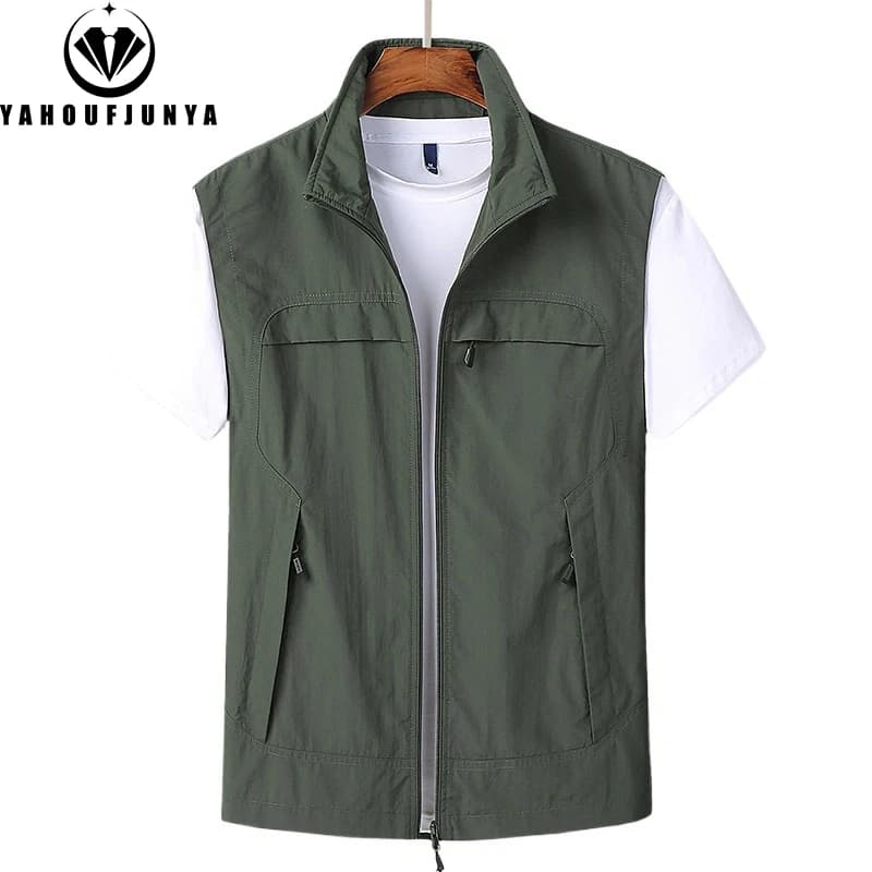 Veste sans manches homme été 2025 - Col montant respirant avec poches multiples pour loisirs outdoor