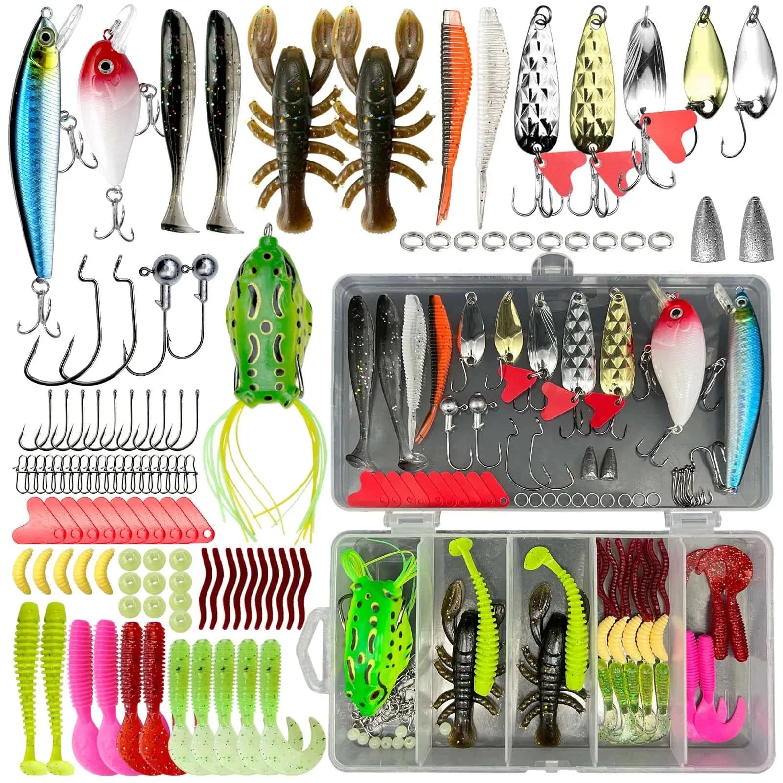 Kit de 84/107 leurres pêche mixte - Ensemble appâts souples et durs pour brochet perche black bass