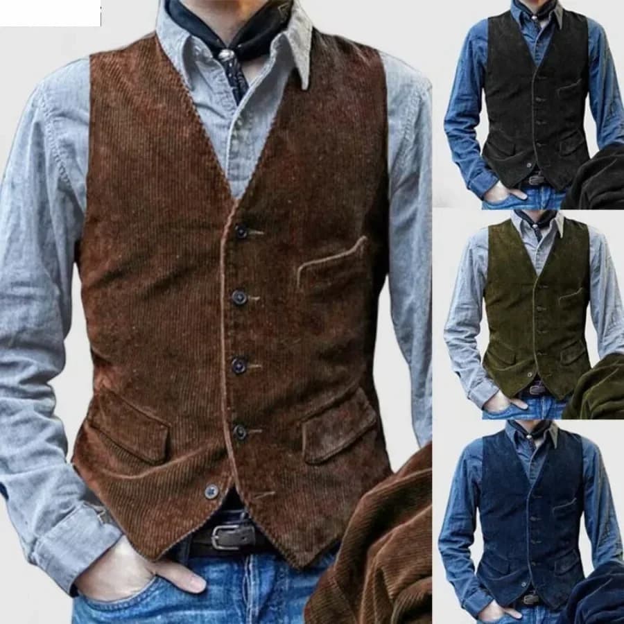 Gilet vintage style britannique en velours côtelé pour homme - Veste sans manches élégante décontractée cintrée