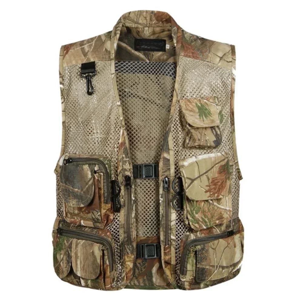 Veste d'été sans manches homme mesh camouflage vert, multi-poches léger et respirant pour pêche