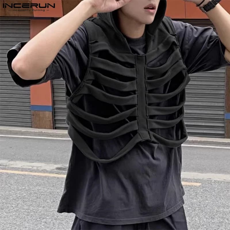 Gilet déconstruit os drôle homme 2024 - Waistcoat à capuche style casual pêche personnalité S-5XL