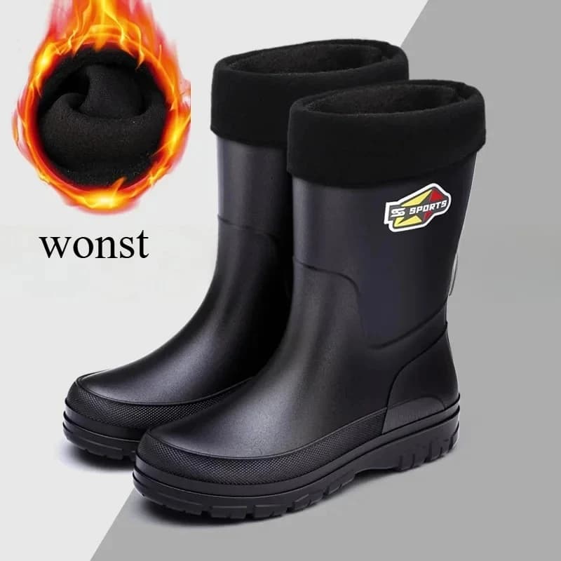 Bottes de pêche mi-mollet homme noir pur - Chaussures imperméables antidérapantes tailles 30-48 écologiques