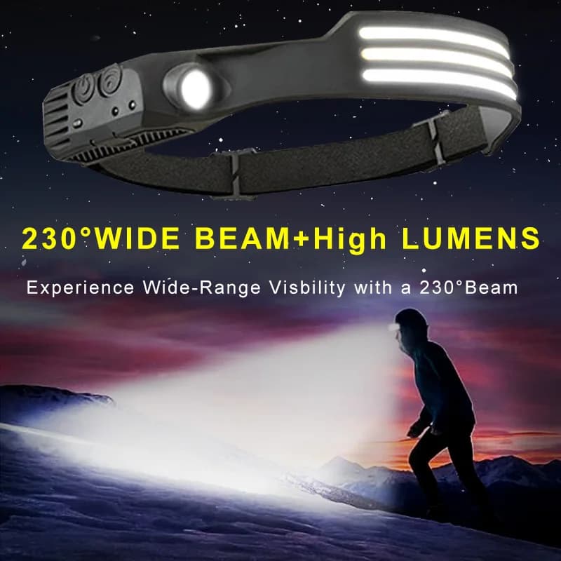 Lampe frontale à induction COB LED 5 modes rechargeable USB pour pêche et activités nocturnes