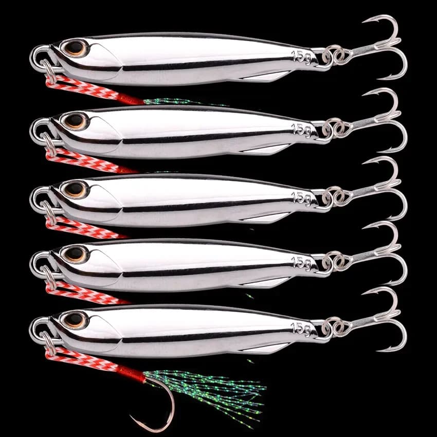 Kit 5 leurres métalliques chromés 10g à 30g pour pêche en mer et bar - leurres jigging