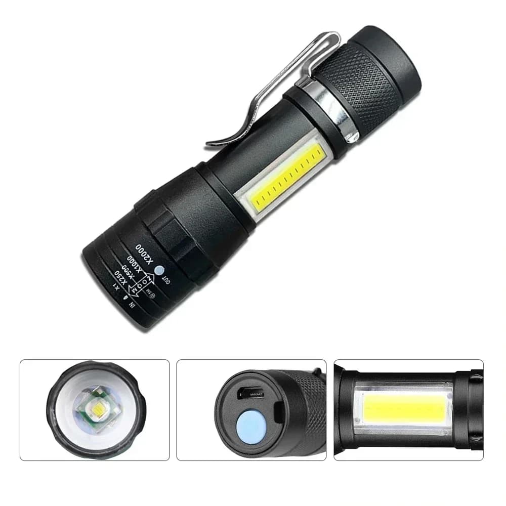 Lampe torche COB+XPE zoomable rechargeable USB pour camping, pêche et urgences longue portée