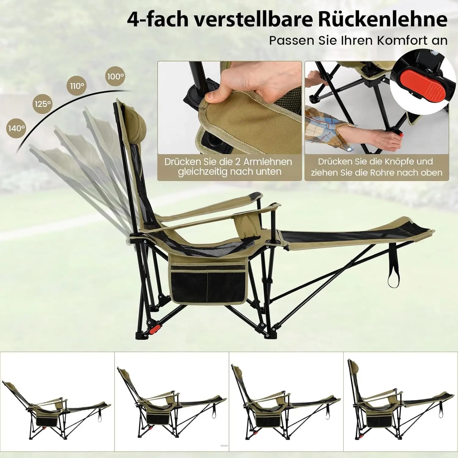 Chaise de pêche pliante avec repose-pieds amovible et dossier réglable couleur kaki
