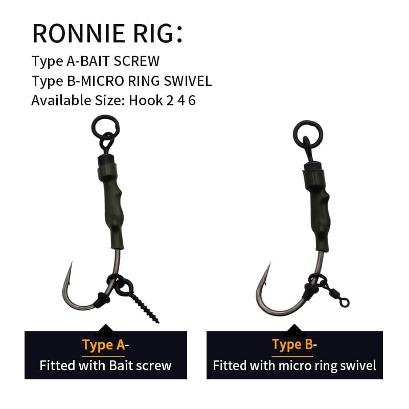 Montage carp fishing Ronnie Rigs prêt à pêcher avec hameçon courbe PTFE et micro ring pour carpe