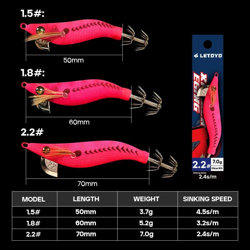Leurre souple calmar lumineux LETOYO 1.5-2.2# pour pêche à l'encornet et au poulpe